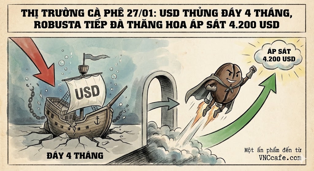 Thị trường cà phê ngày 27/01: USD thủng đáy 4 tháng, robusta tiếp đà thăng hoa áp sát 4.200 USD